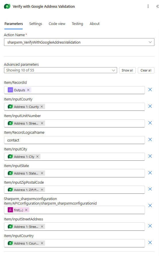 Perform an unbound action configured for sharpxrm_VerifyWithGoogleAddressValidation