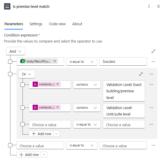 Condition that checks for a building or unit level validation