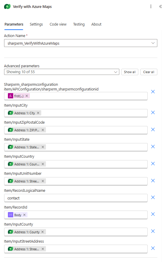 Perform an unbound action configured for sharpxrm_VerifyWithAzureMaps
