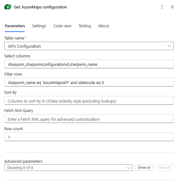 List rows action that finds the Azure Maps API Configuration row