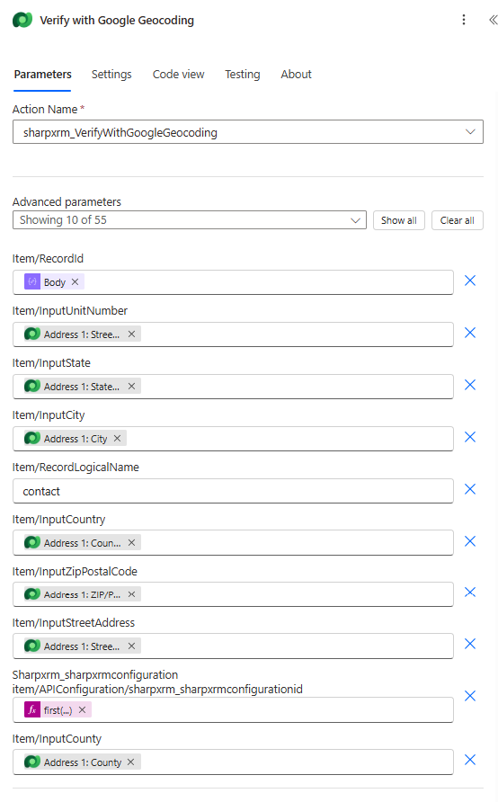 Perform an unbound action configured for sharpxrm_VerifyWithGoogleGeocoding