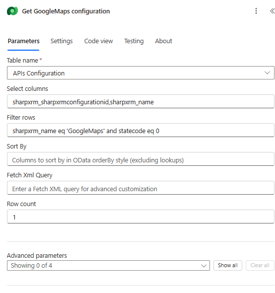 List rows action that finds the Google API Configuration row