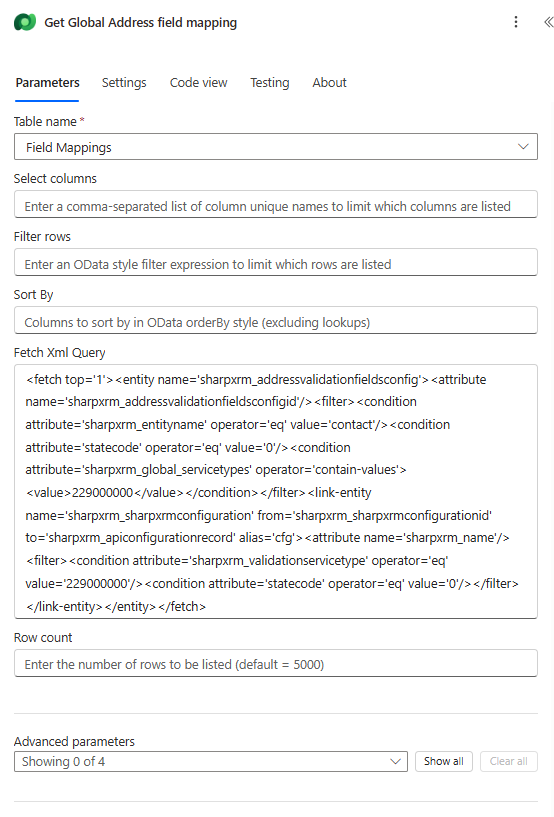 List rows action that finds the Melissa Global Address field mapping