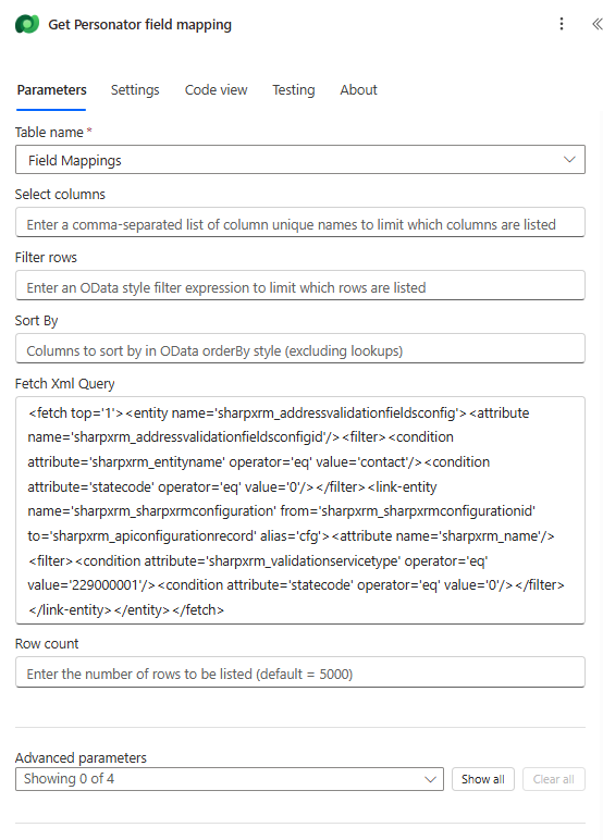 List rows action that finds the Melissa Personator field mapping