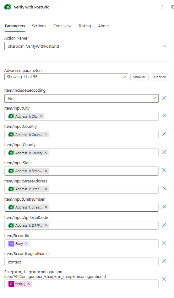 Perform an unbound action configured for sharpxrm_VerifyWithPostGrid