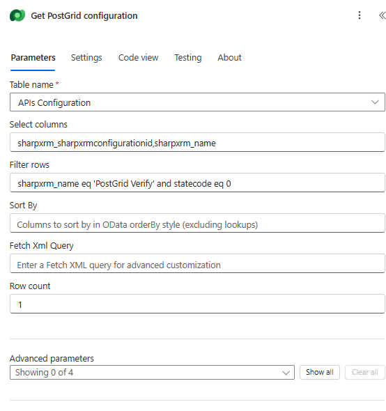 List rows action that finds the PostGrid Verify API Configuration