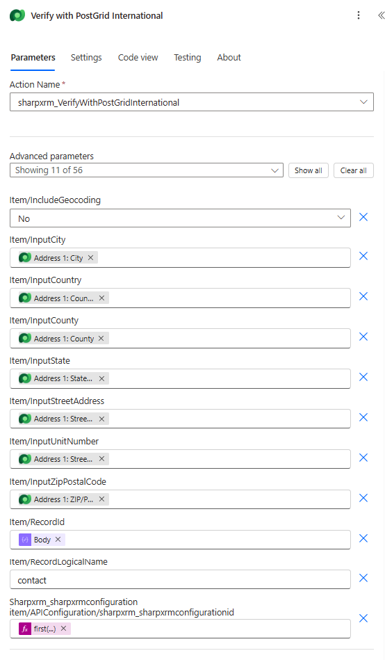 Perform an unbound action configured for sharpxrm_VerifyWithPostGridInternational