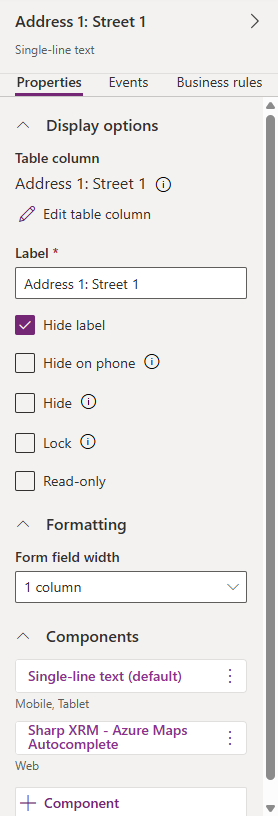 Column properties pane with Hide label and the Components section
