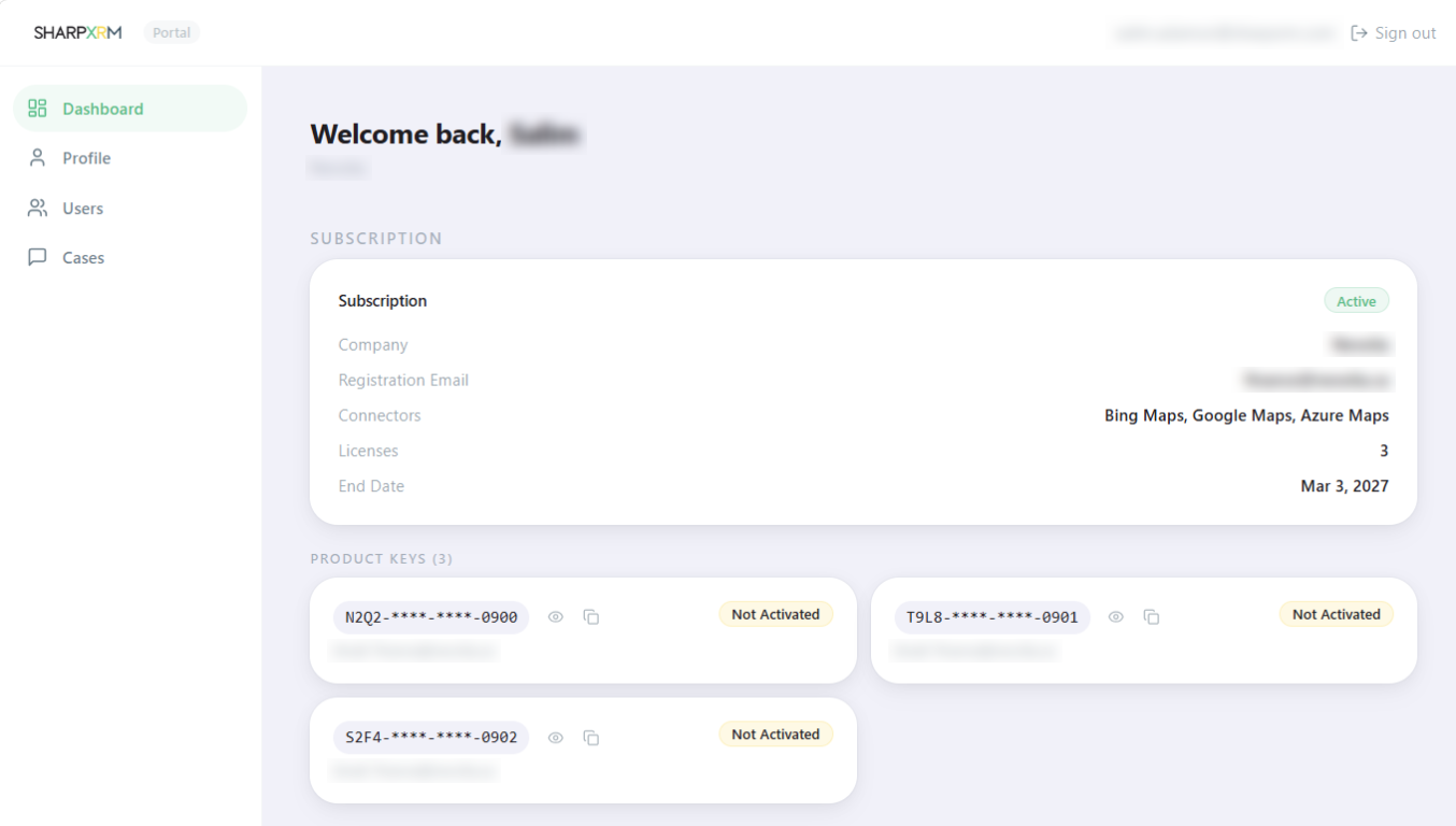 Portal dashboard showing subscription and product keys